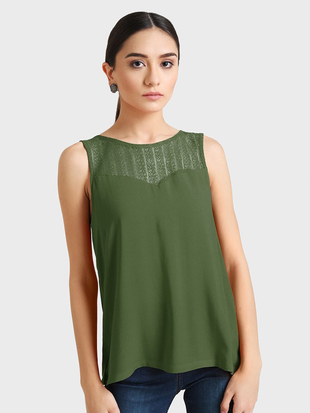 Kazo Women Olive Green Lace Neck Top Price in India