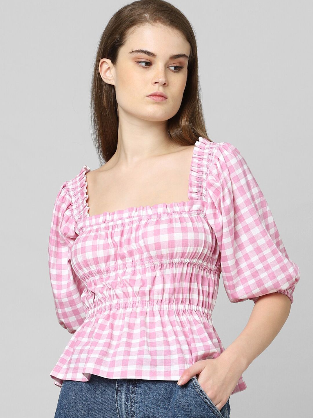 ONLY Pink Checked Peplum Top Price in India