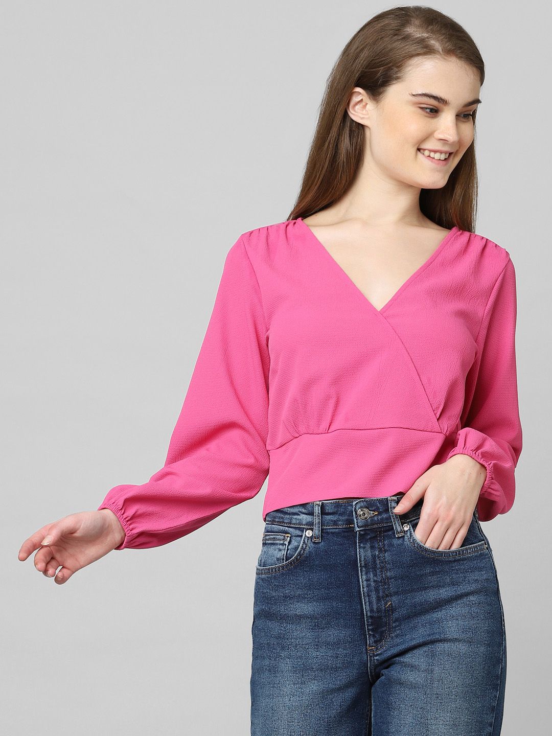 ONLY Pink Blouson Crop Top Price in India
