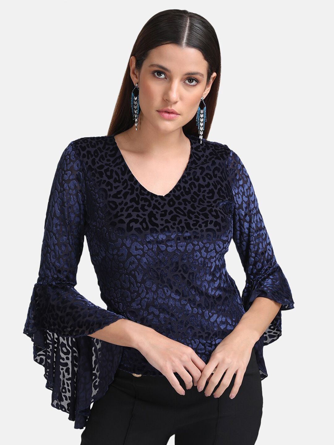 Kazo Navy Blue Print  Flared Sleeves Top Price in India