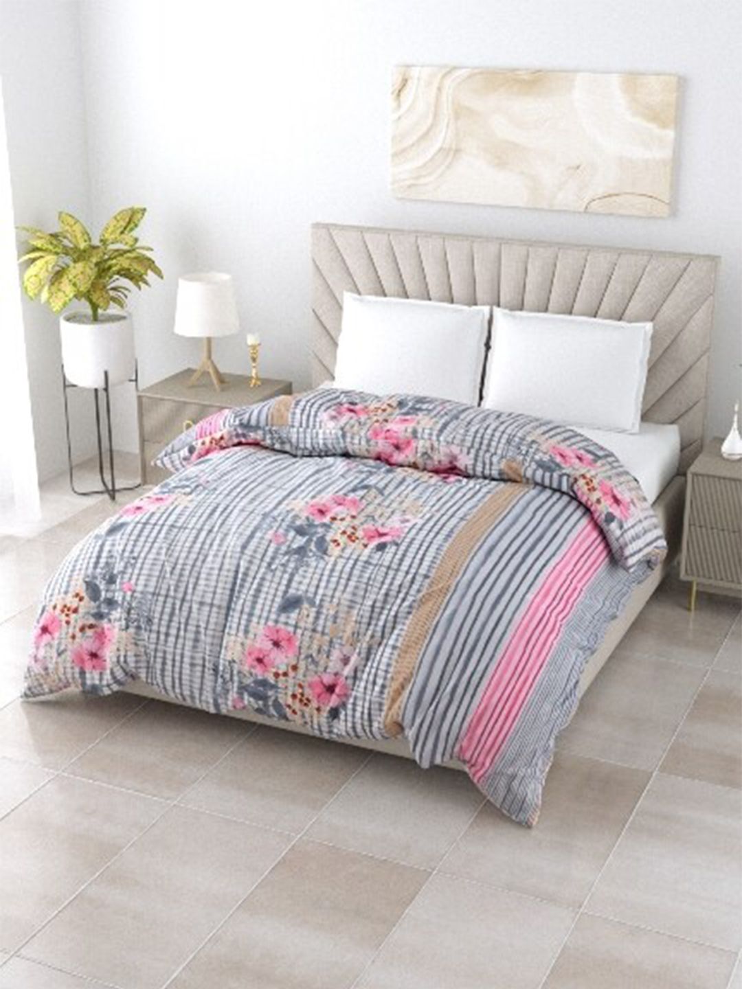 Salona Bichona Grey & Pink Floral AC Room 150 GSM Double Bed Cotton Comforter Price in India