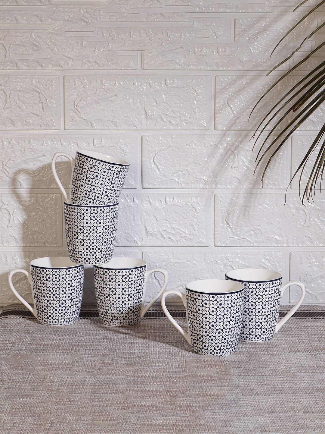 Femora Blue & White Set of 6 Printed Bone China Glossy Cups and Mugs Price in India