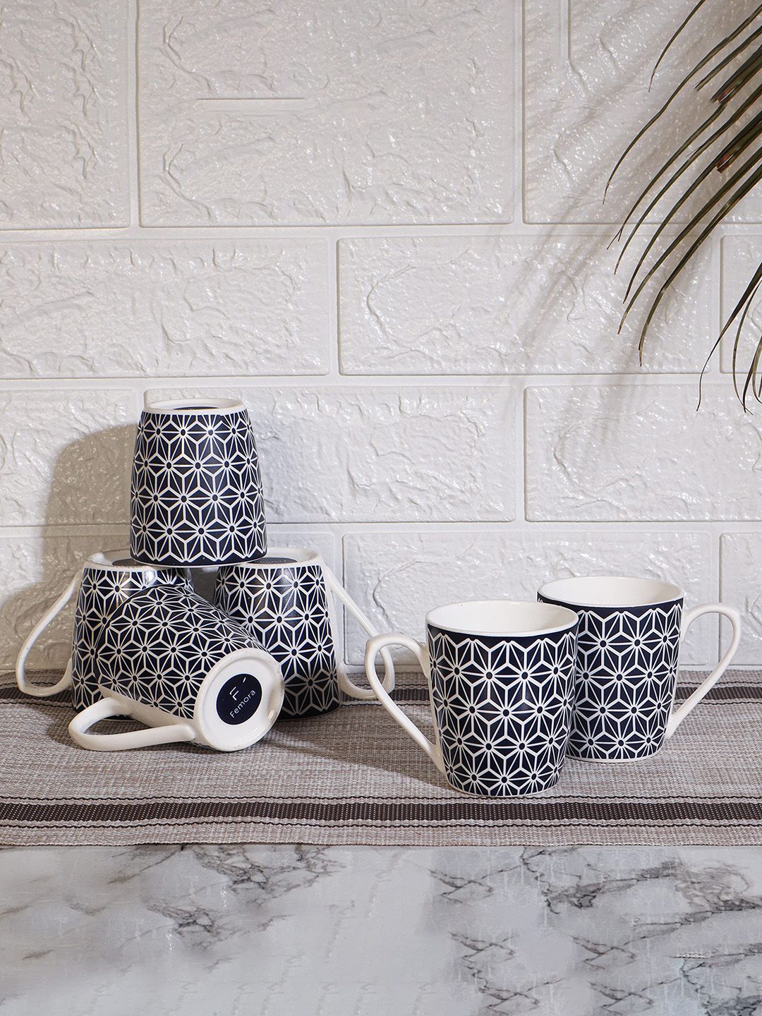 Femora Blue & White Printed Bone China Glossy Cups Set of 6  Mugs Price in India