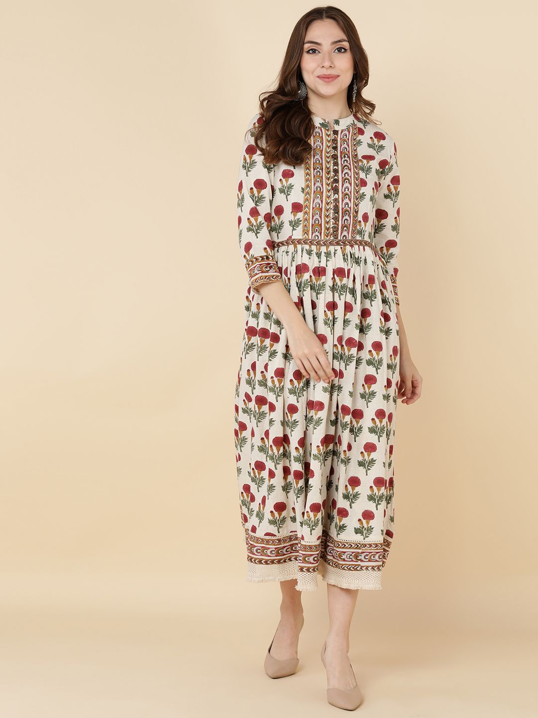 HERE&NOW Women White & Red Floral Printed Cotton Ethnic Dress Price in India