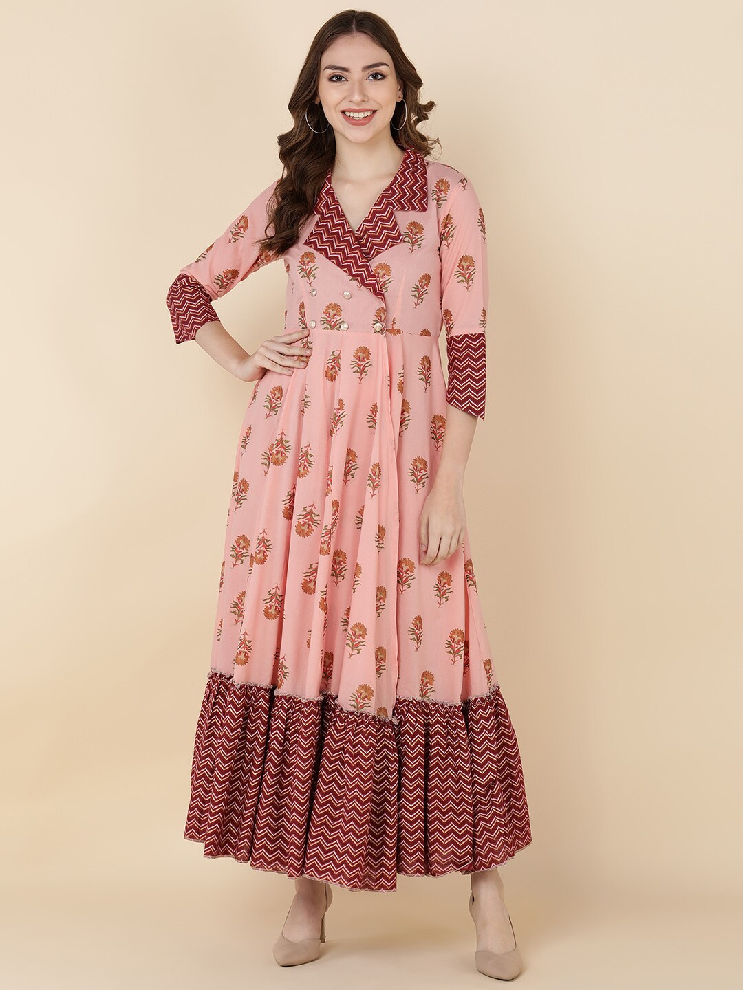HERE&NOW Women Pink & Maroon Floral Ethnic Cotton Maxi Ethnic Dress Price in India