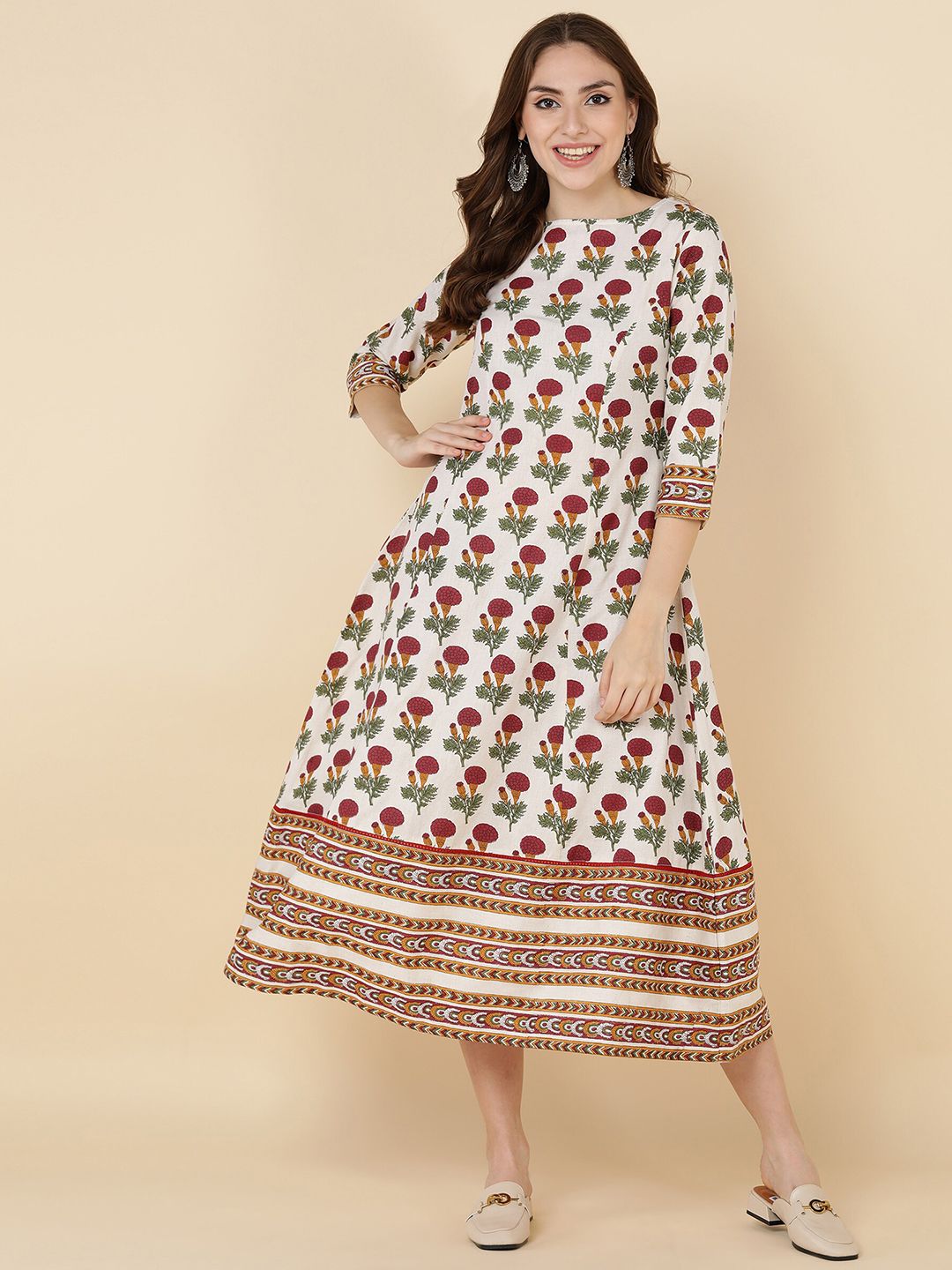 HERE&NOW Women White & Red Ethnic Motifs Ethnic A-Line Midi Dress Price in India
