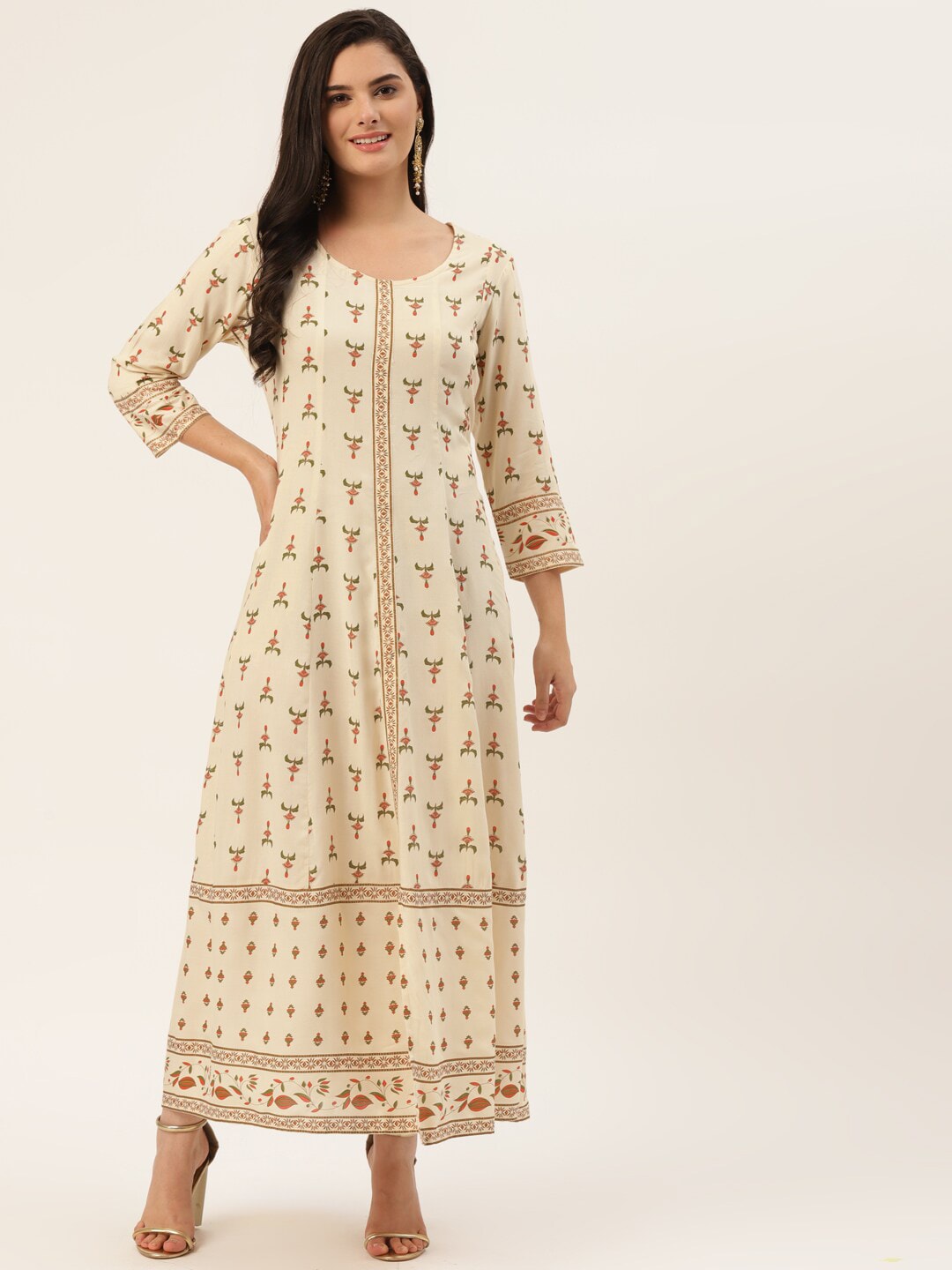 HERE&NOW Women Cream-Coloured Floral Maxi Ethnic Dress Price in India