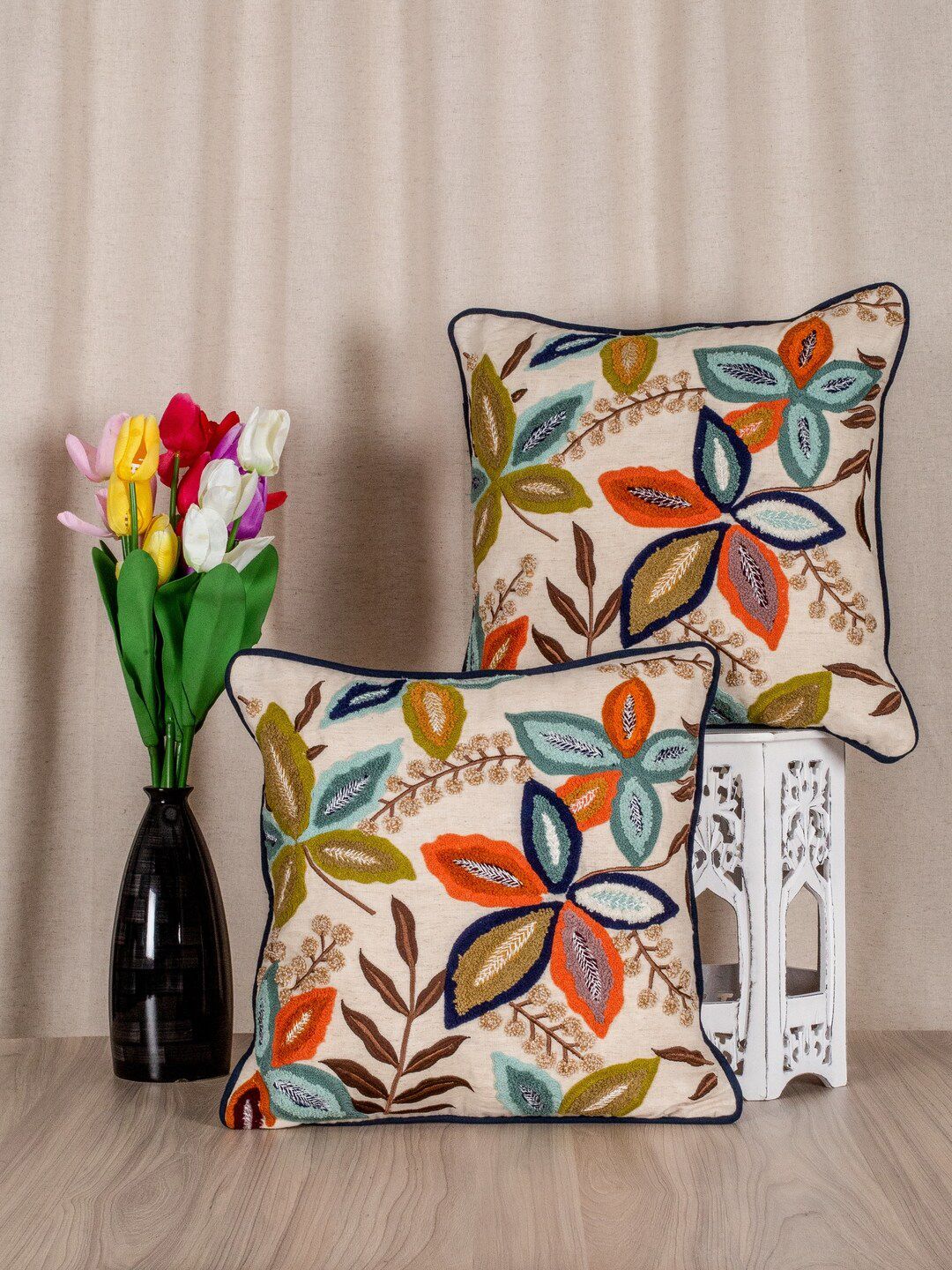 SHADES of LIFE Cream-Coloured & Blue Set of 2 Ethnic Motifs Square Cushion Covers Price in India