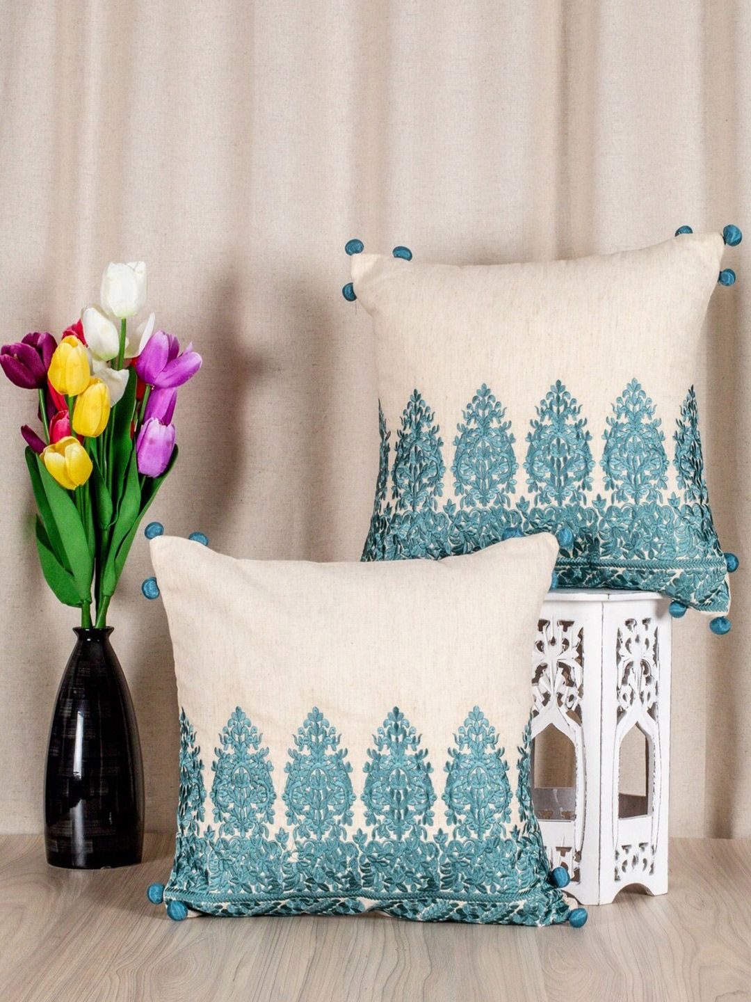 SHADES of LIFE Pack of 5 Beige & Blue Ethnic Motifs Cotton Square Cushion Covers Price in India