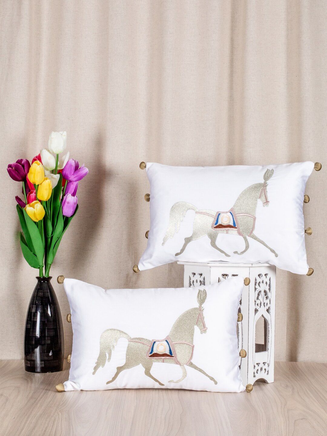 SHADES of LIFE Set of 2 White & Beige Embroidered Cotton Rectangle Cushion Covers Price in India