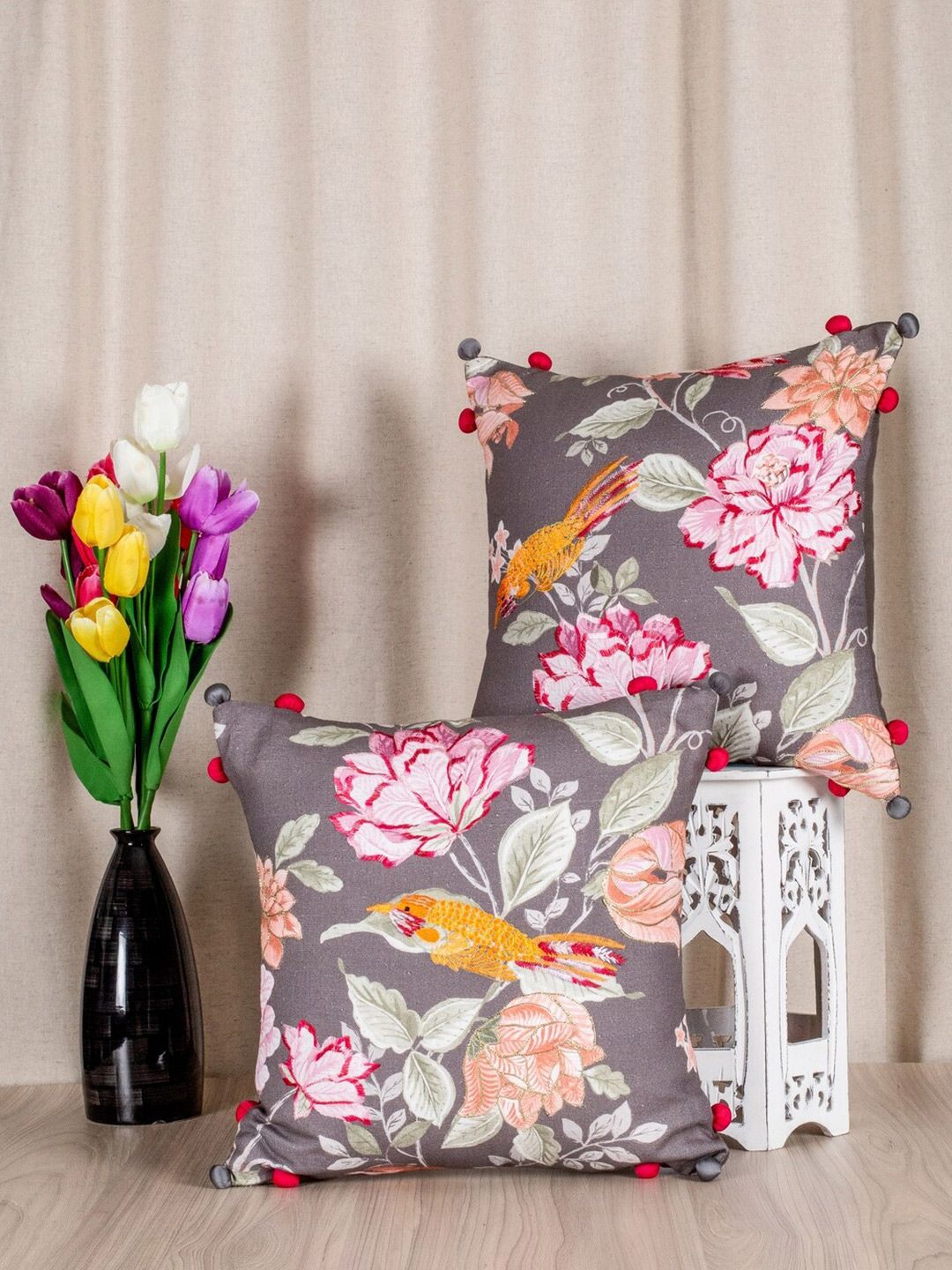 SHADES of LIFE Set of 2 Grey & Pink Floral Printed Square Cotton Cushion Covers Price in India