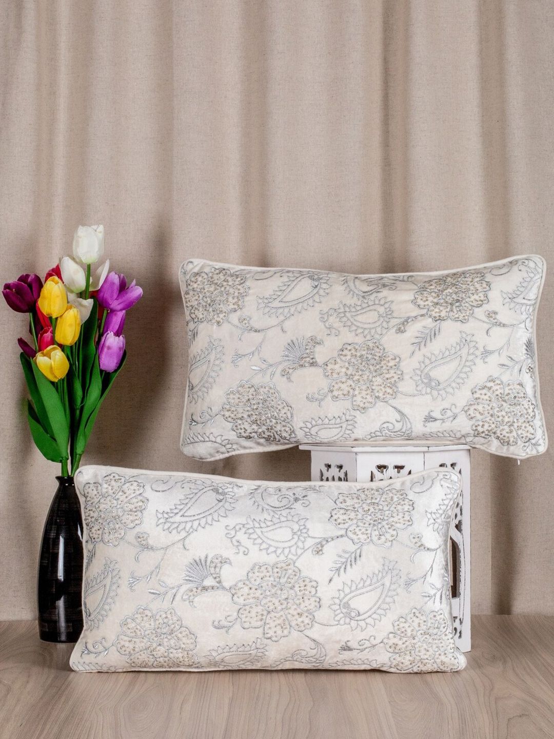 SHADES of LIFE Set of 2 White & Grey Embroidered Cotton Rectangle Cushion Covers Price in India