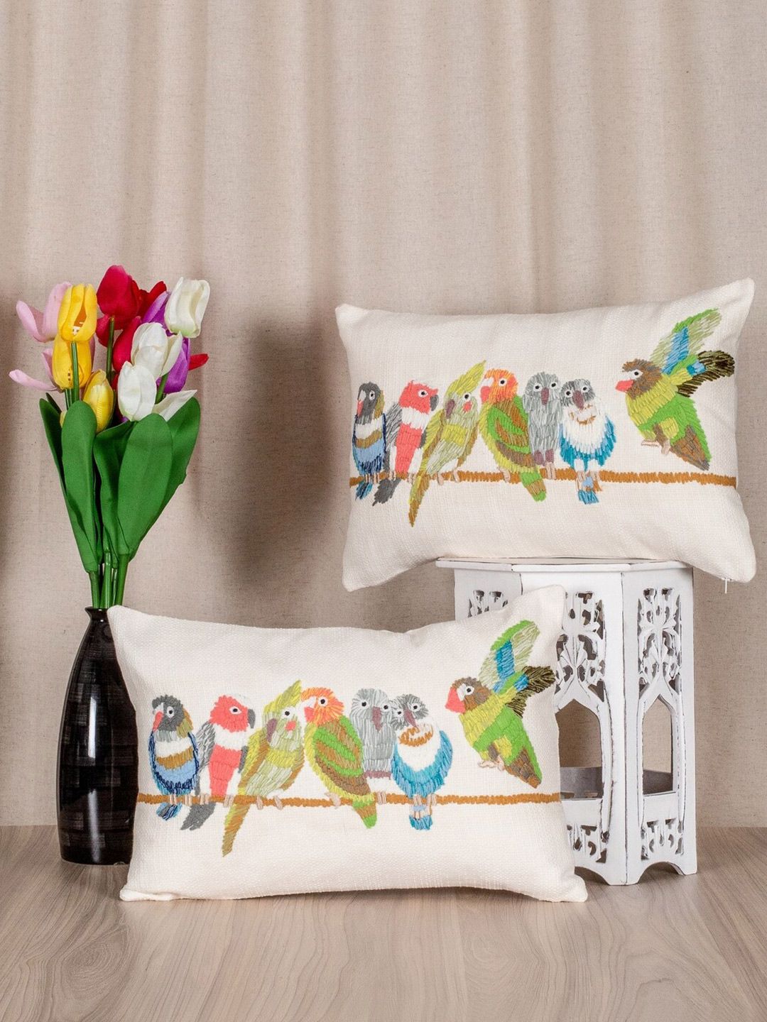 SHADES of LIFE White & Green Set of 2 Abstract Rectangle Cushion Covers Price in India