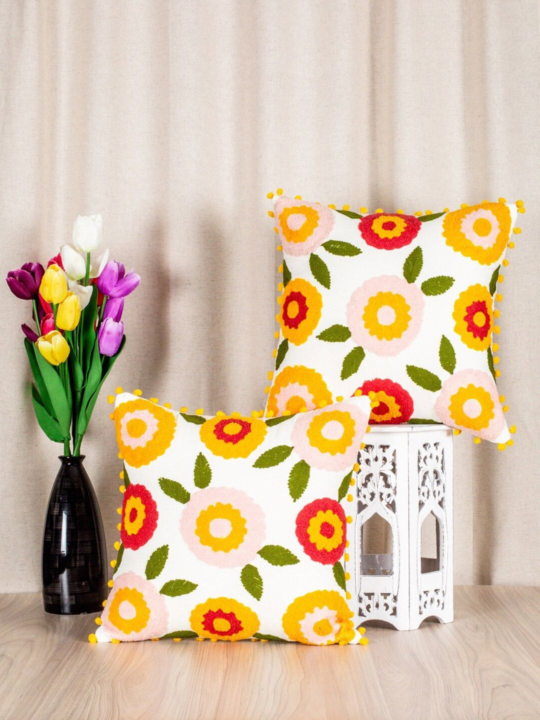 SHADES of LIFE White & Yellow Set of 2 Floral Pure Cotton Square Cushion Covers Price in India