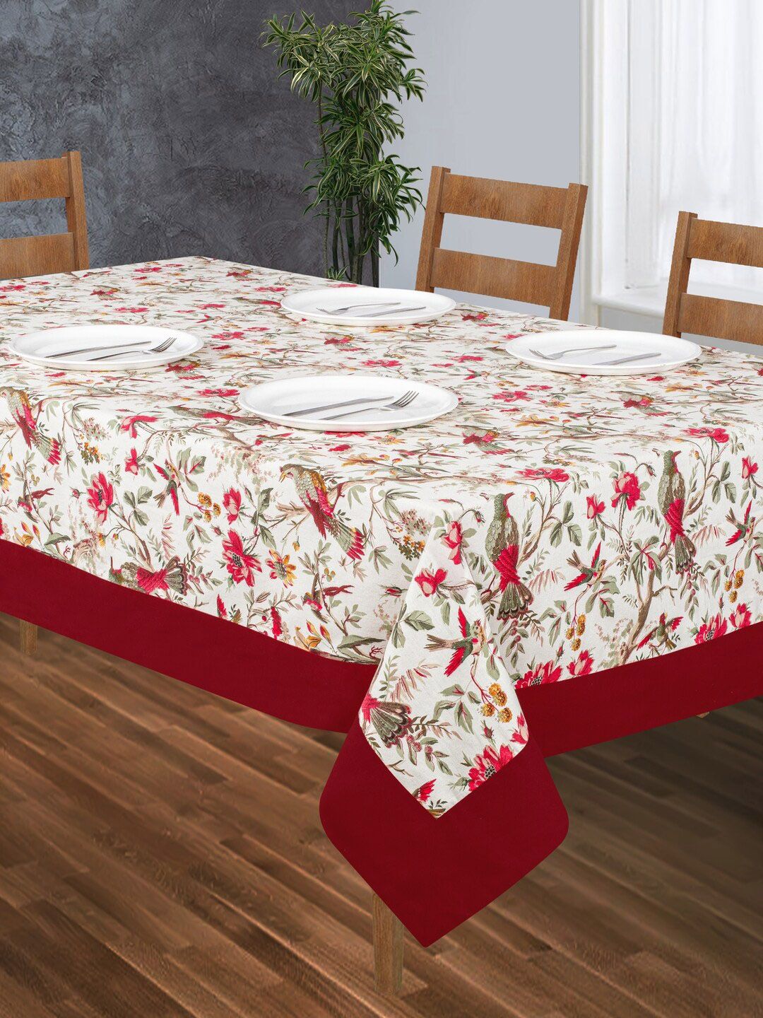 SHADES of LIFE Red & Beige Printed Cotton 6-Seater Table Cover Price in India