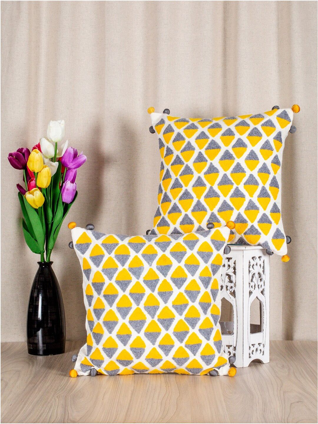 SHADES of LIFE White & Grey Set of 2 Geometric Square Cushion Covers Price in India