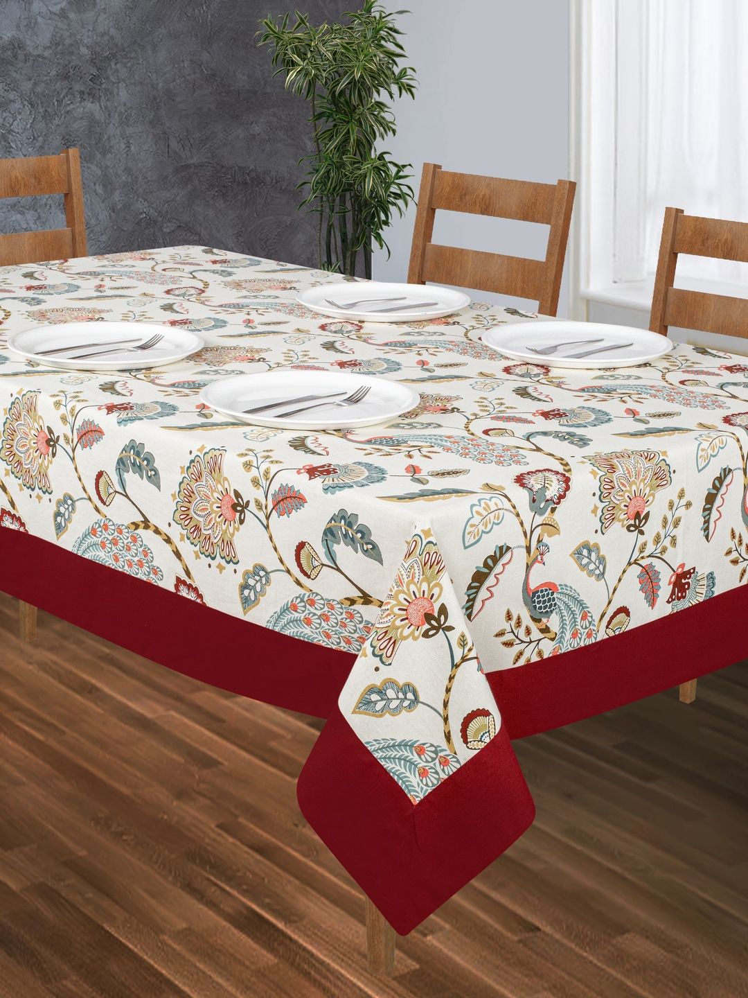 SHADES of LIFE Red & Beige Printed Cotton 6-Seater Table Cover Price in India