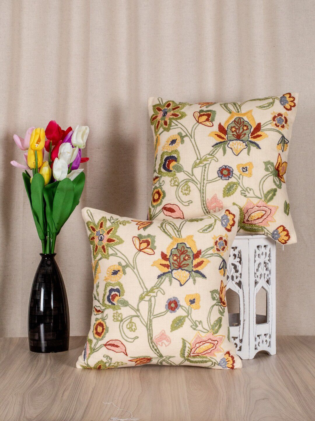 SHADES of LIFE Cream-Coloured & Green Set of 2 Floral Square Cushion Covers Price in India