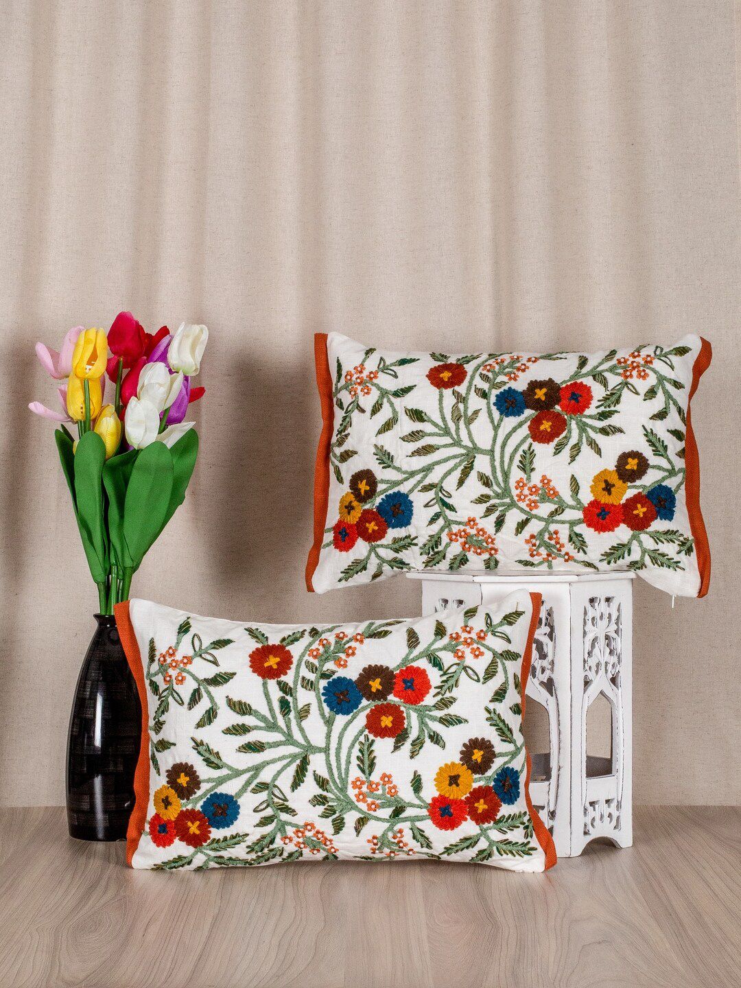 SHADES of LIFE White & Red 2 Ethnic Motifs Rectangle Pure Cotton Cushion Covers Price in India