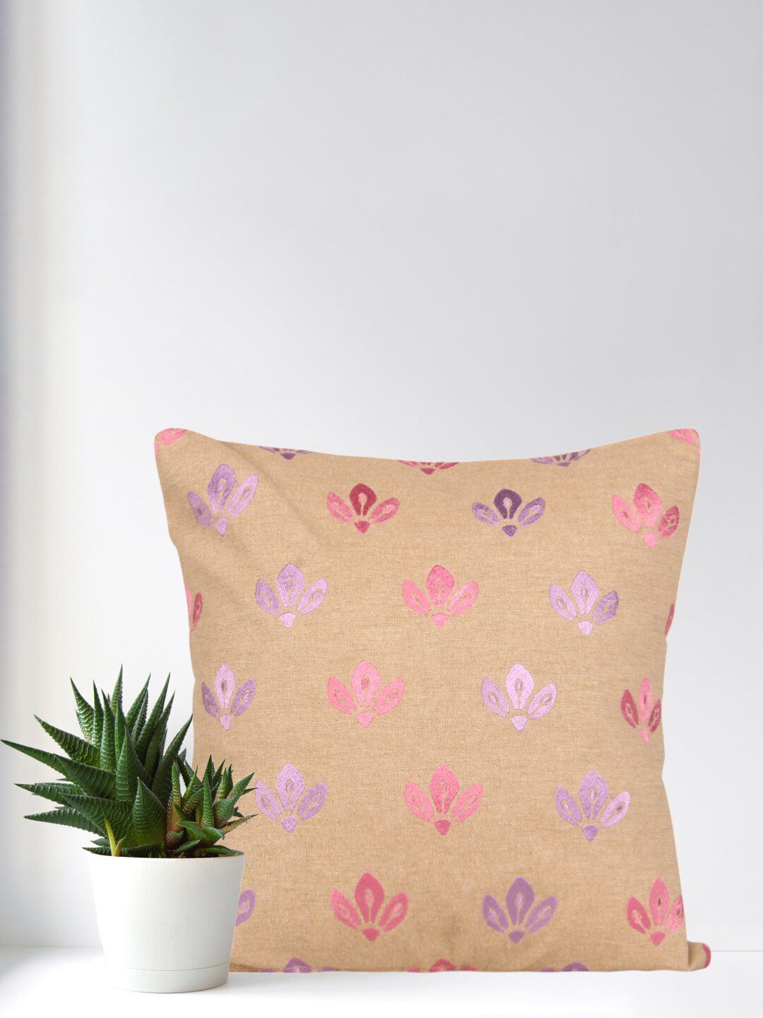 Home Beige & Pink Floral Printed Cotton Square Cushion Cover Price in India