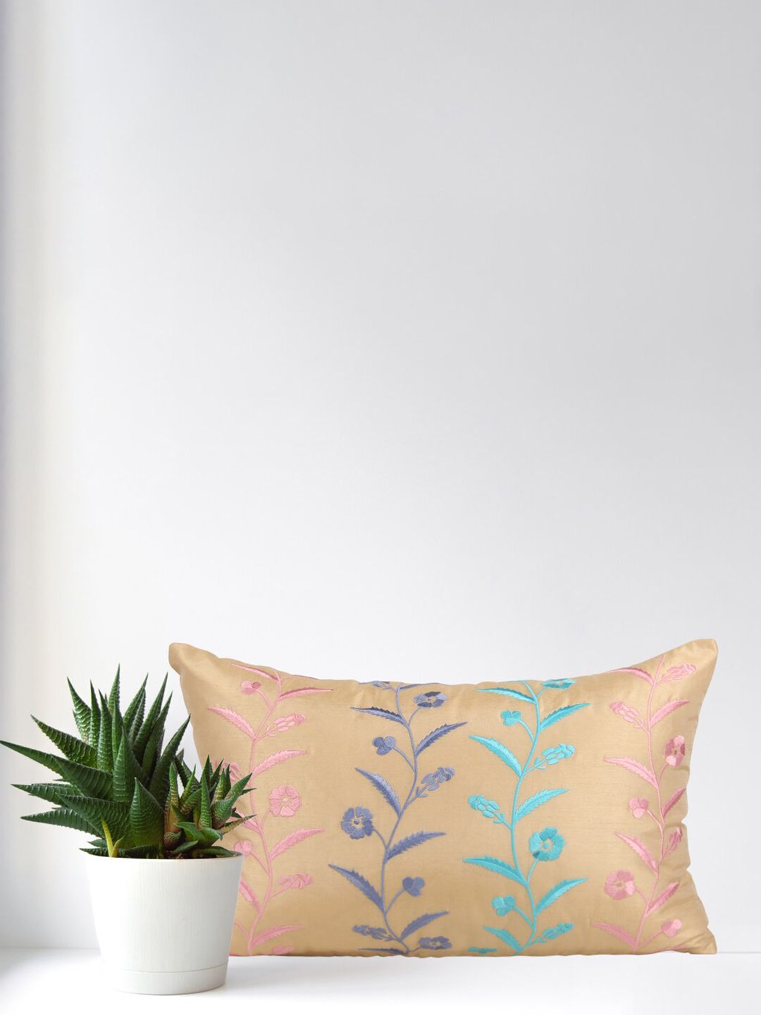 Home Beige Embroidered Rectangle Cushion Covers Price in India