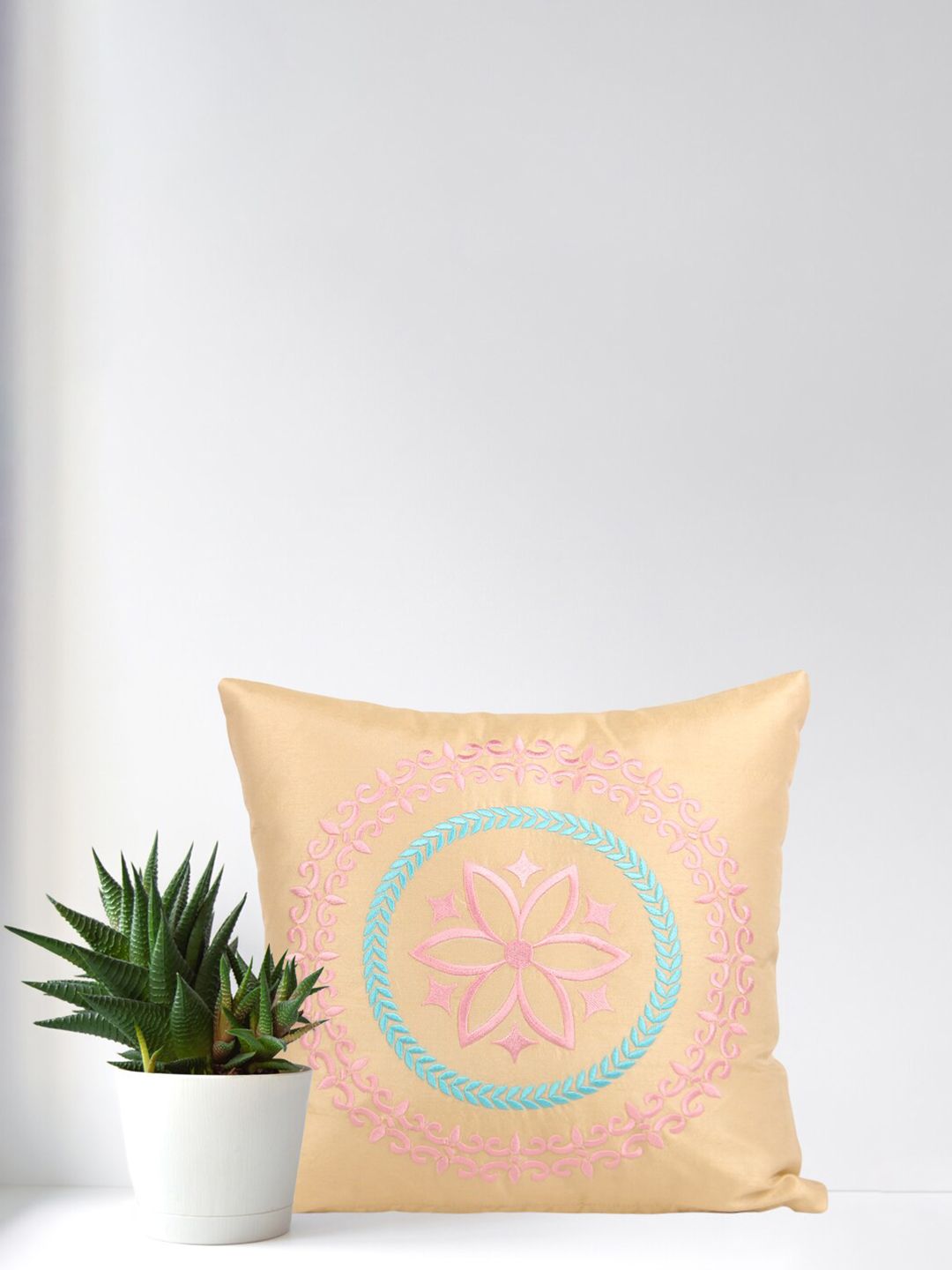 Home Beige & Turquoise Blue Embroidered Square Cushion Covers Price in India