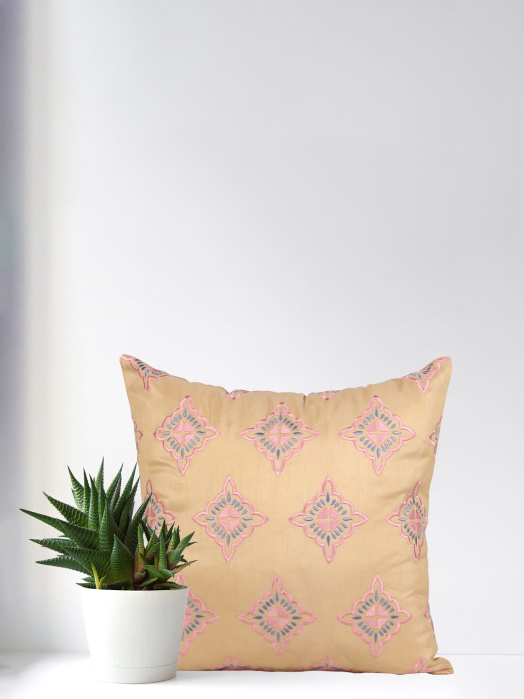 Home Beige & Grey Embroidered Square Cushion Cover Price in India