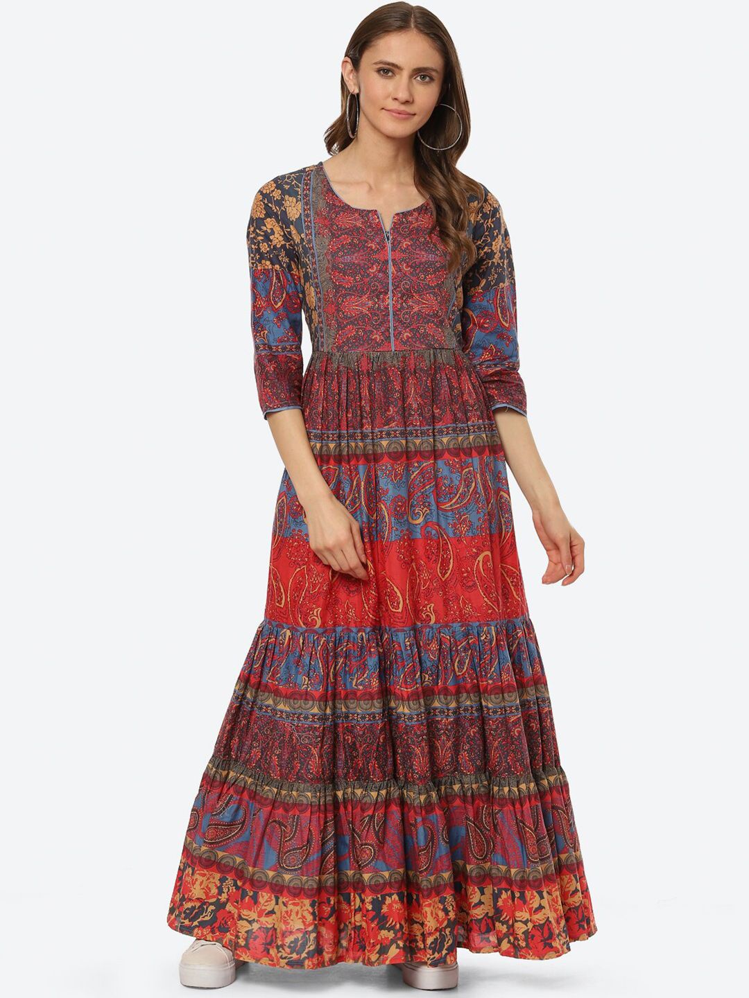 Biba Women Red & Blue Ethnic Motifs Printed Cotton A-Line Ethnic Dress Price in India