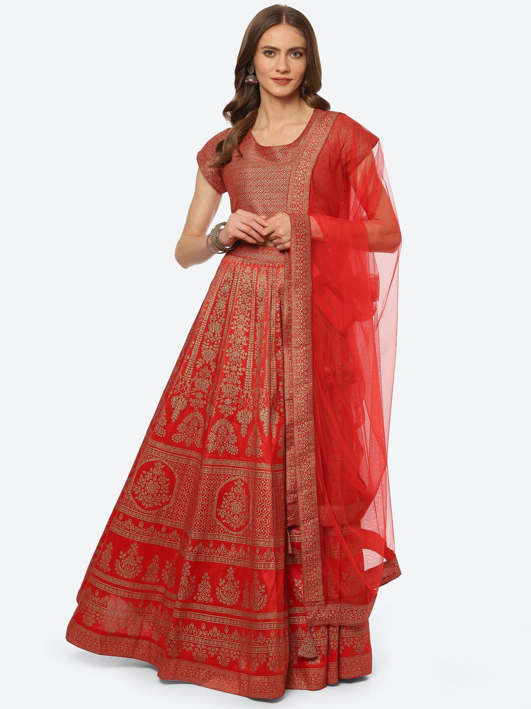 Biba Women Red & Gold-Toned Printed Ready to Wear Lehenga & Choli Price in India