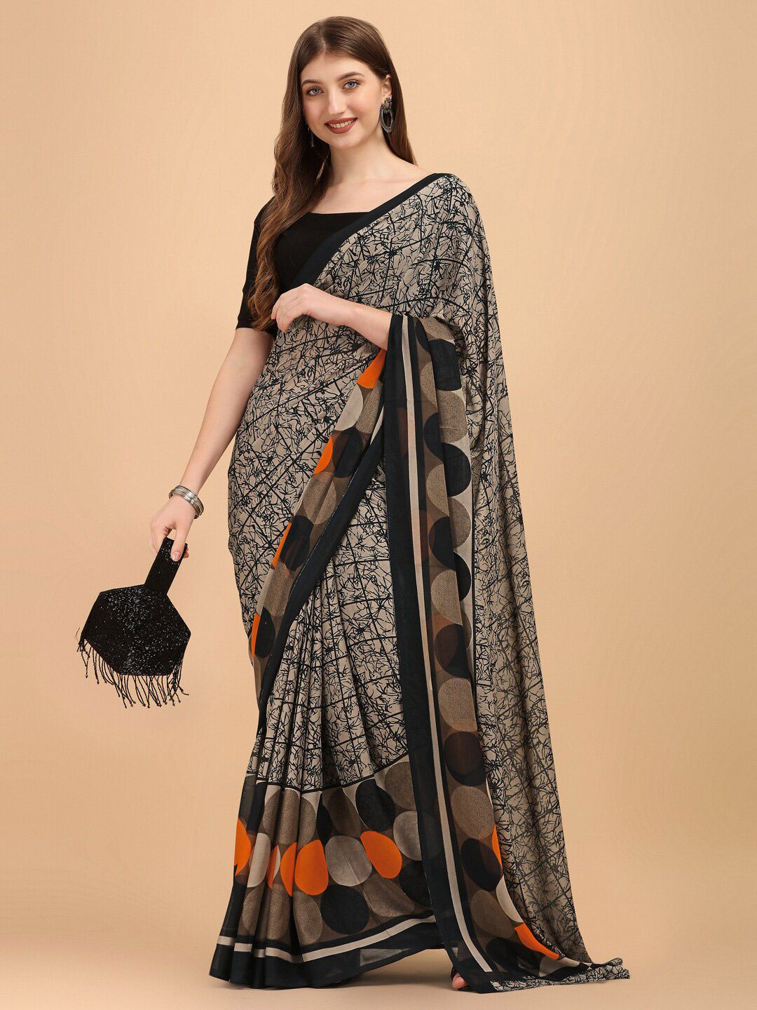 Sangria Black & Beige Pure Georgette Saree Price in India