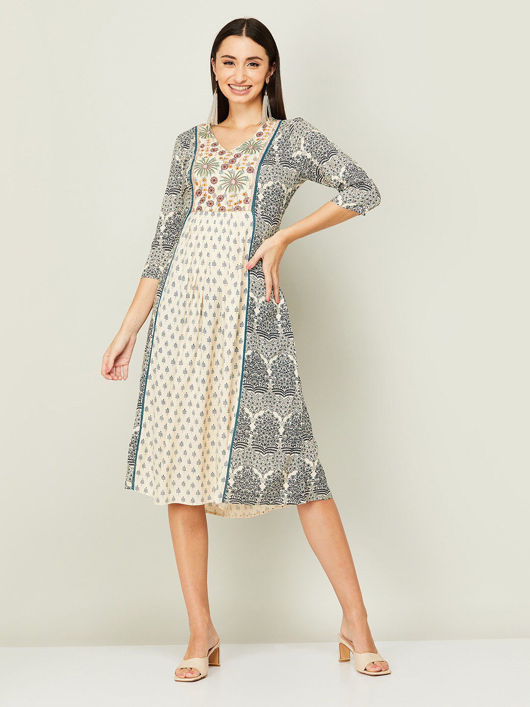 Colour Me by Melange Women Beige & Teal Printed Ethnic A-Line Dress Price in India