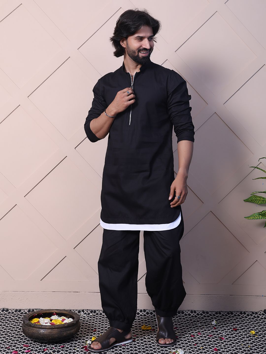 MIDAV Mandarin Collar Front Zipper Pure Cotton Pathani Kurta