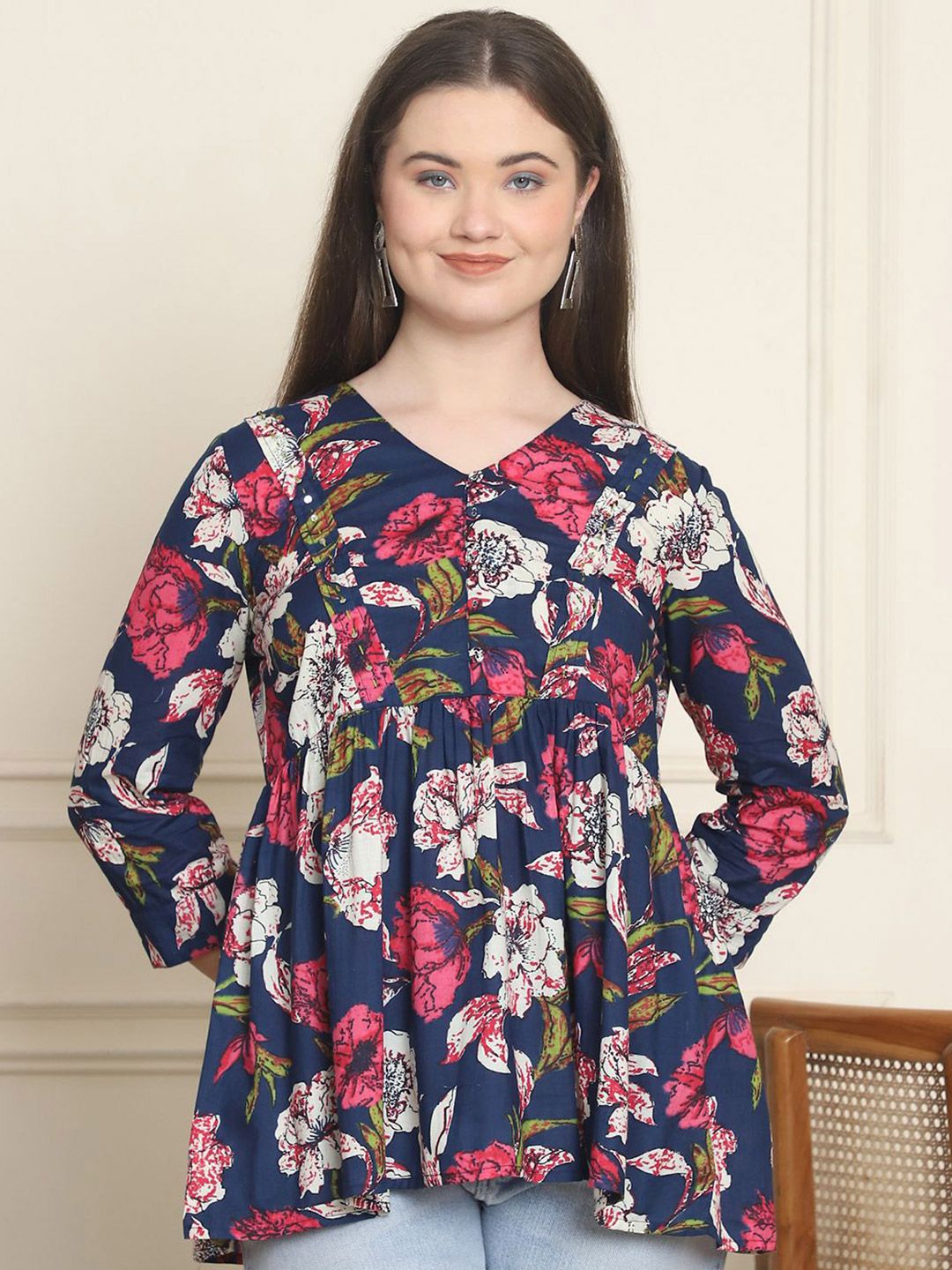 Buy Tokyo Talkies Women Rust Printed A-Line Pure Cotton Top - Tops