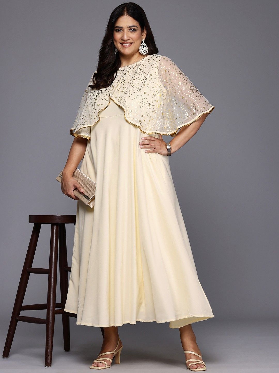 A PLUS BY AHALYAA Plus Size Polka Dots Printed Cape Sleeves Maxi Ethnic Gown