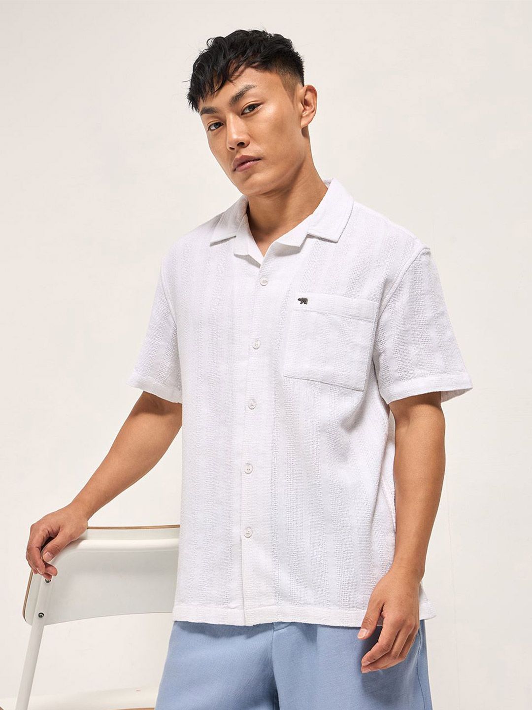 THE BEAR HOUSE Pure Cotton Textured Short Sleeves Shirt