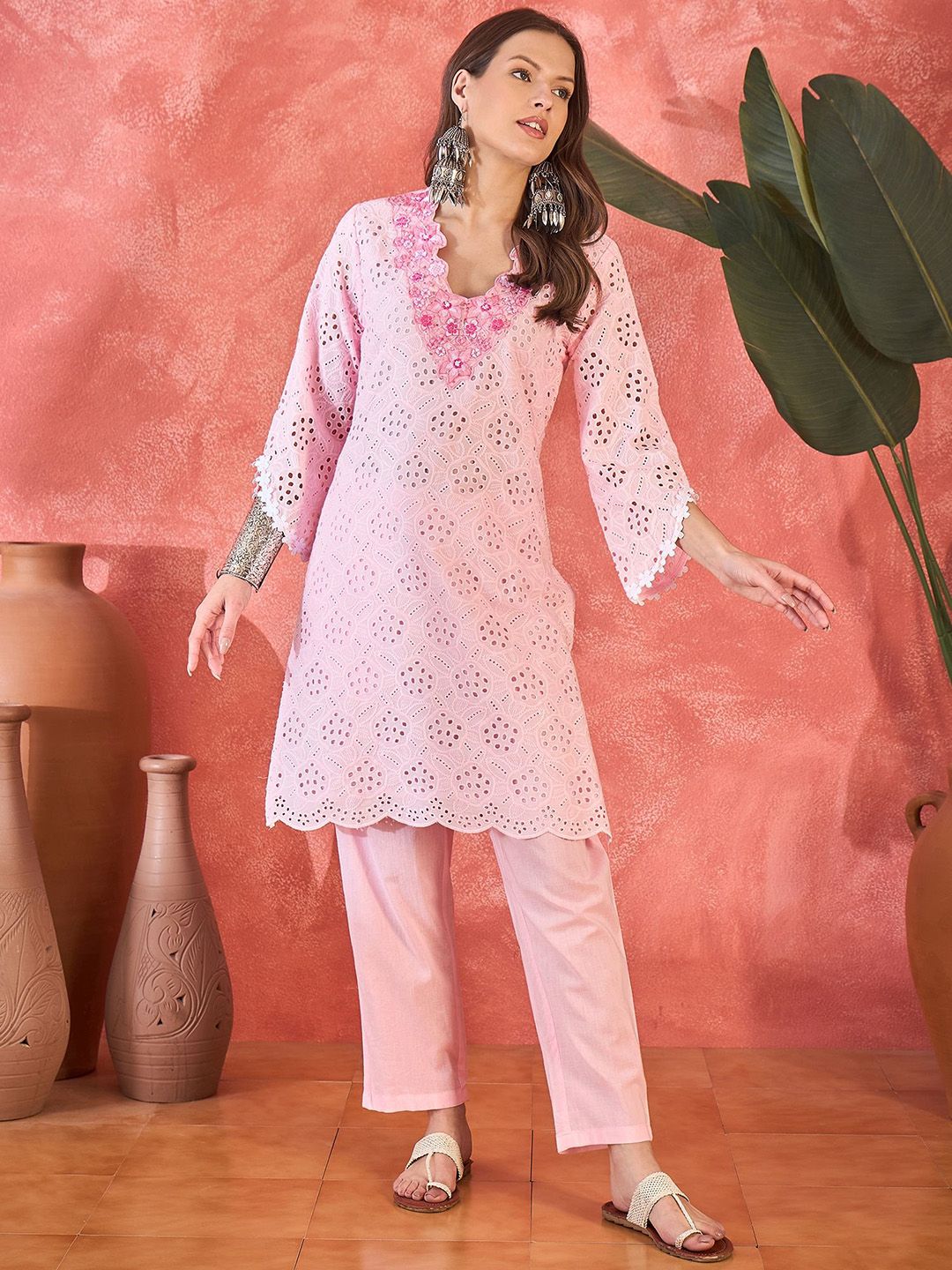 Buy Sangria Floral Schiffli Embroidered Thread Work Pure Cotton
