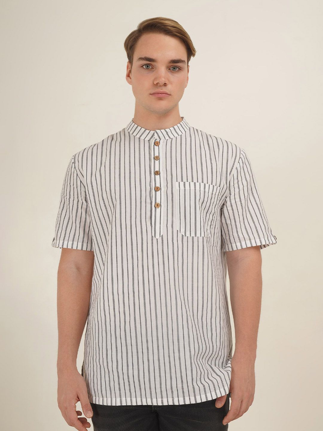 Cot'N Soft Striped Pure Cotton Mandarin Collar Short Kurta