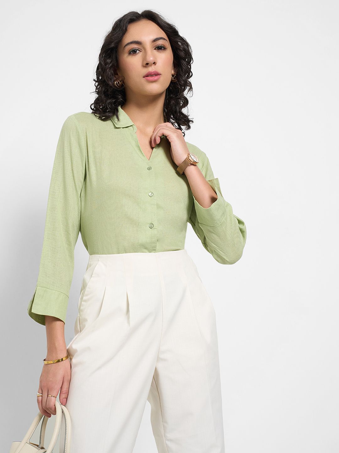 Annabelle by Pantaloons Women Shirt Collar Cuffed Sleeves Shirt Style Top