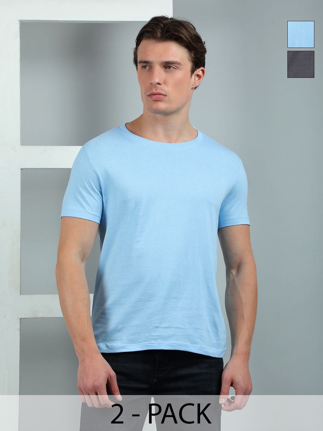 Dollar Men Pack of 2 Solid Round Neck Cotton Slim Fit T-shirts