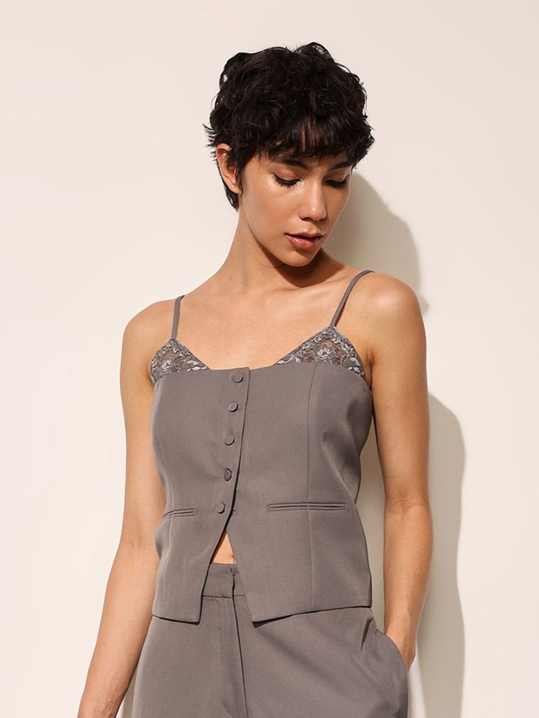 Buy ONLY Women Solid Lace Inserts Shoulder Straps Crop Corset Top