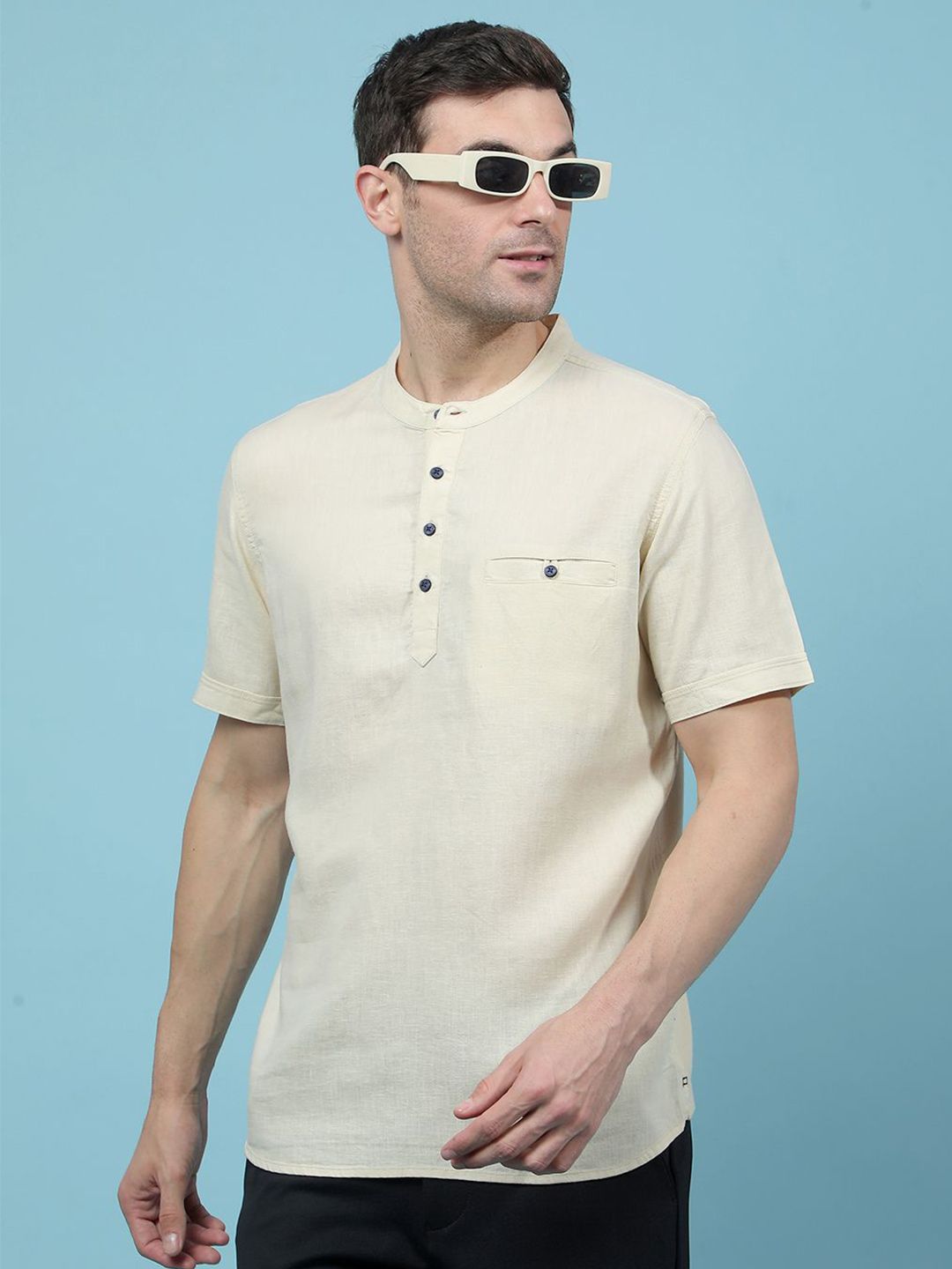 Crimsoune Club Band Collar Short Sleeves Cotton Straight Kurta