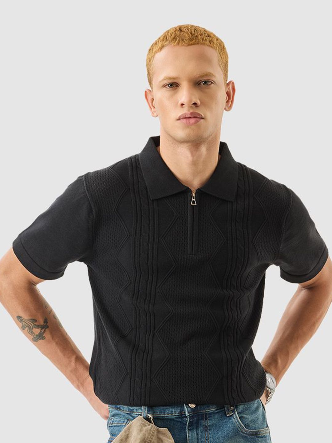 Men Self Design Polo Collar Cotton Slim Fit T-shirt Offers & Cashback