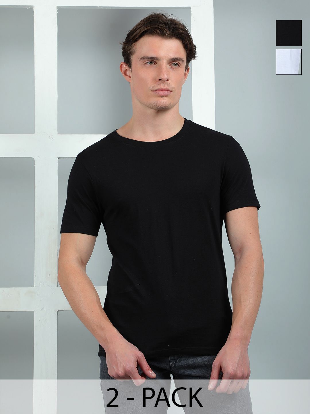 Dollar Men Pack of 2 Solid Round Neck Cotton Slim Fit T-shirts
