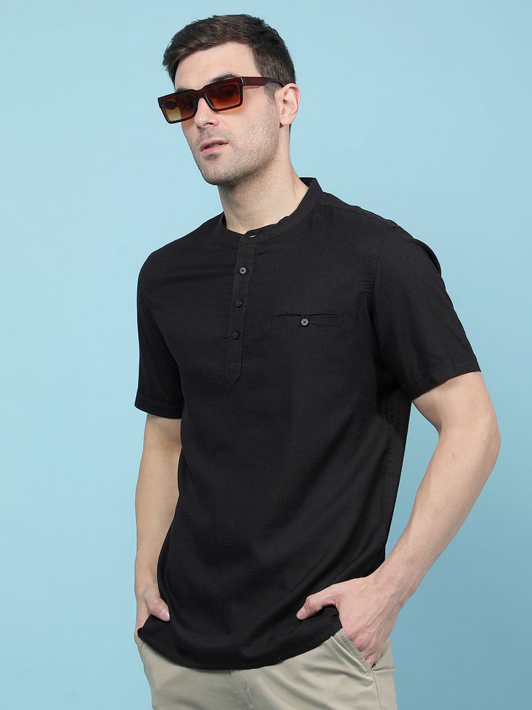 Crimsoune Club Band Collar Short Sleeves Cotton Straight Kurta