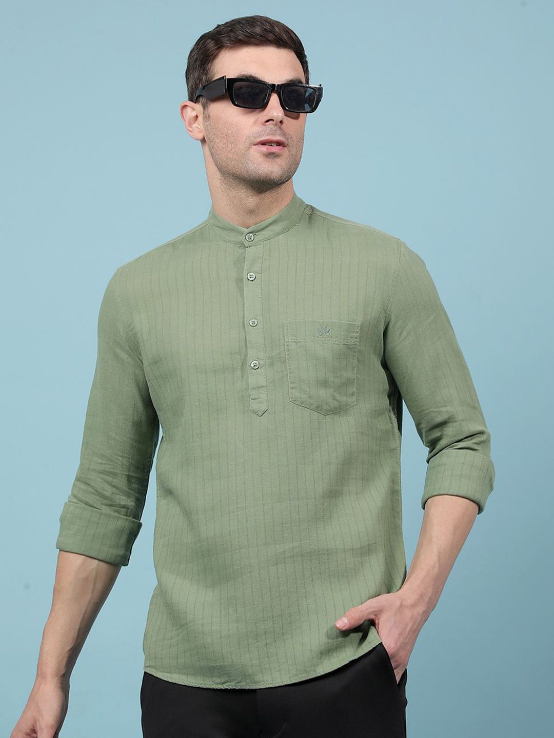 Crimsoune Club Striped Band Collar Roll-Up Sleeves Linen Straight Kurta