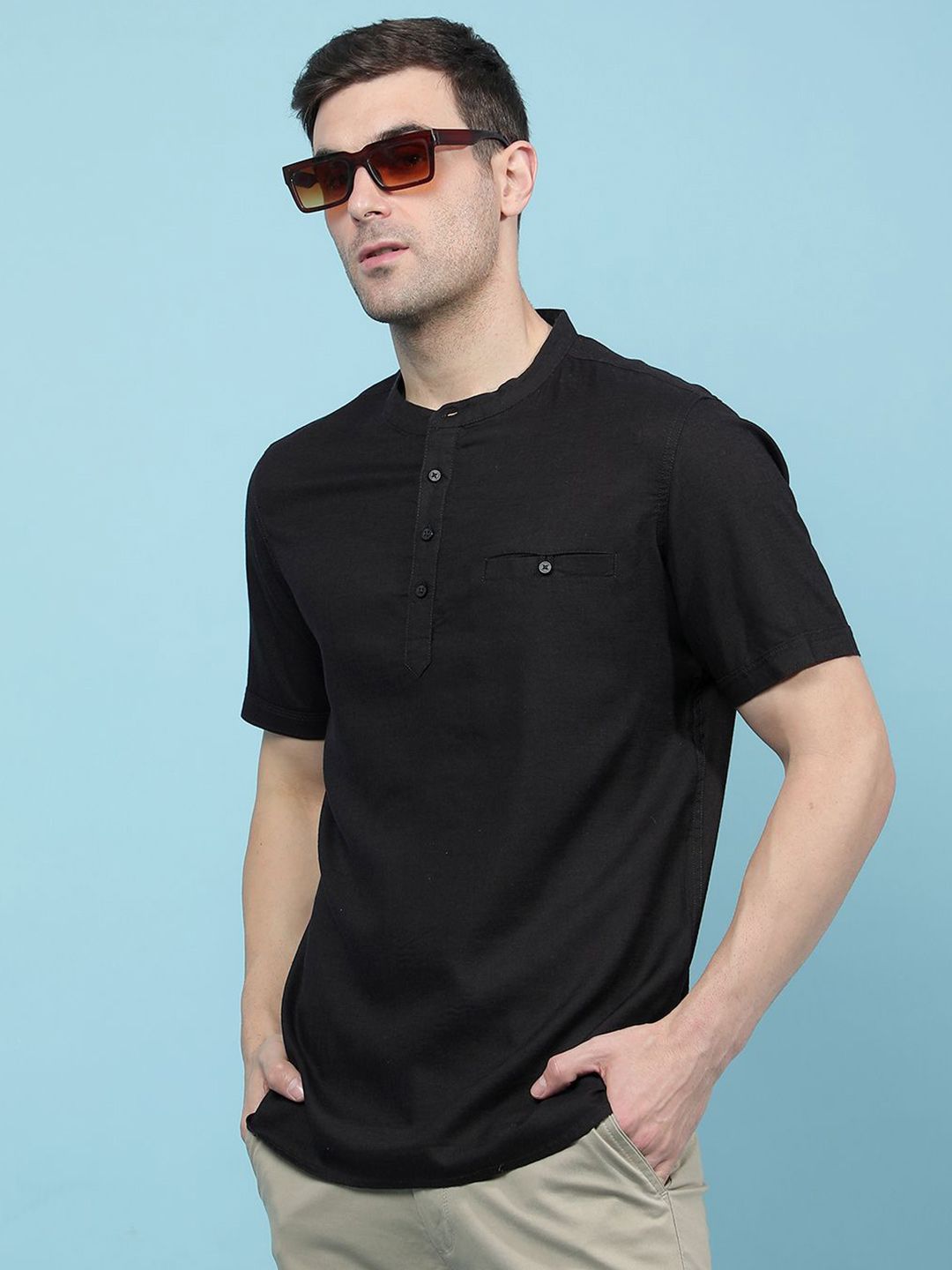 Crimsoune Club Band Collar Short Sleeves Cotton Straight Kurta