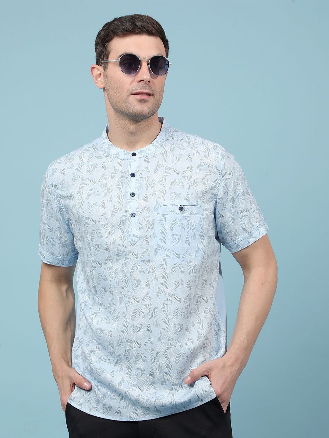 Crimsoune Club Geometric Printed Band Collar Short Sleeves Cotton Straight Kurta