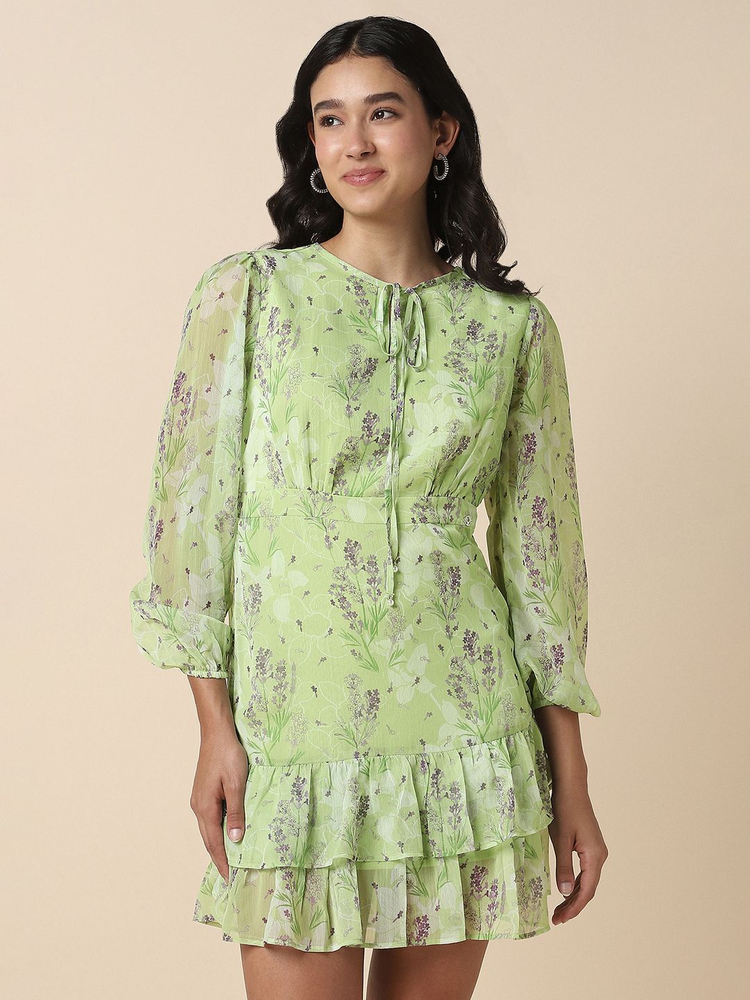 Allen Solly Woman Floral Print Tie-Up Neck Puff Sleeve A-Line Mini Dress