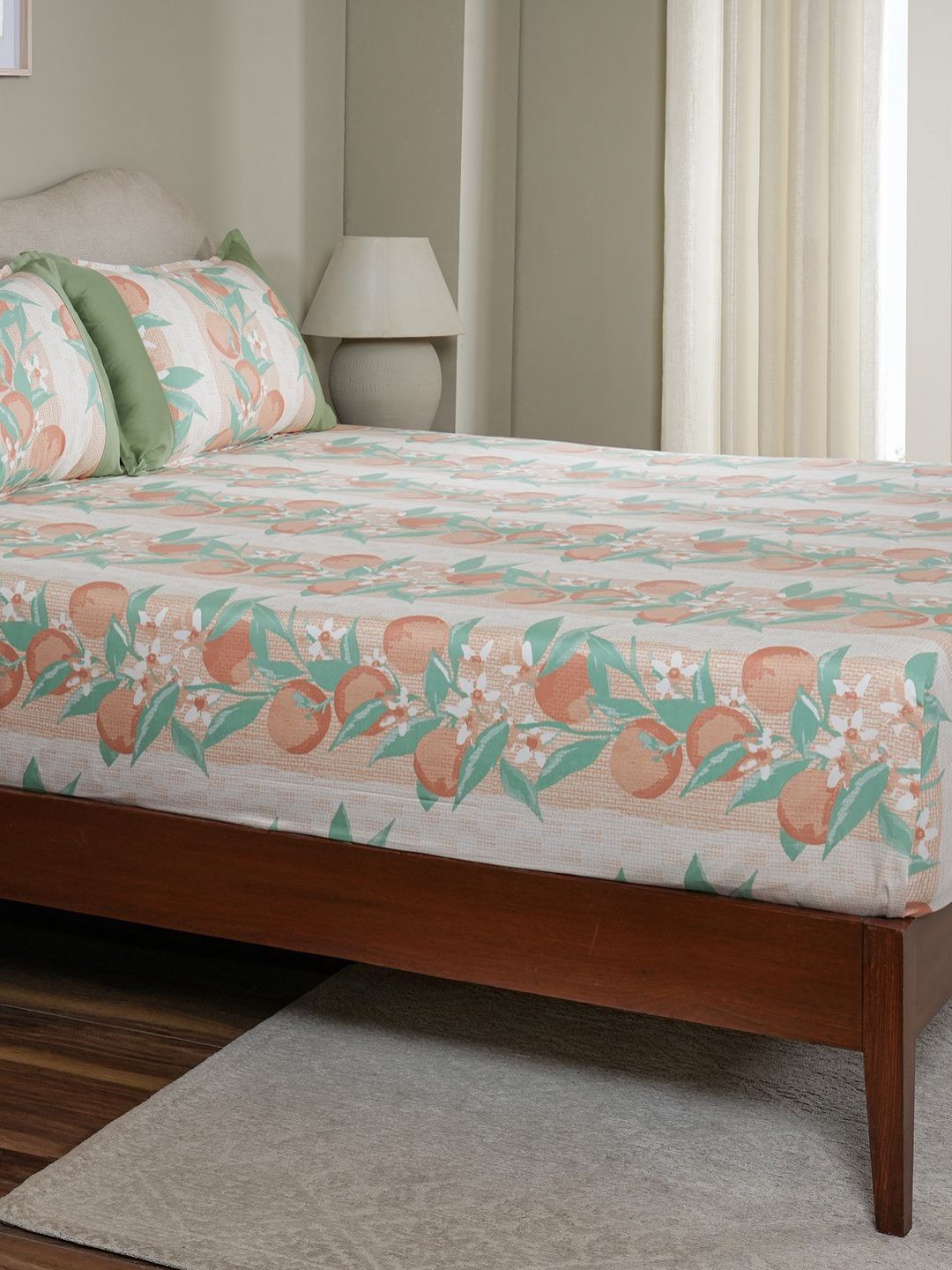 MASPAR MASPAR Peach Floral Pure Cotton 200 TC Single Fine Bedsheet with a Pillow Cover-152 x 224 cm