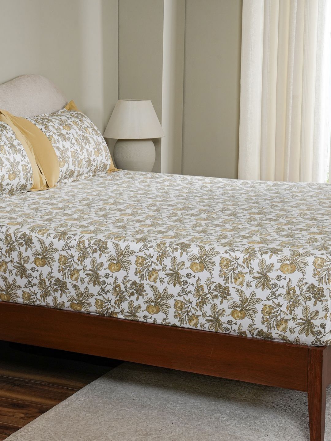 MASPAR MASPAR Mustard Leaf Cotton 200 TC Double Fine Bedsheet with a Pillow Cover-60 x 88 inches